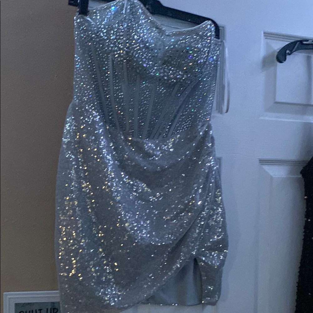 Silver Sequin Strapless Dress